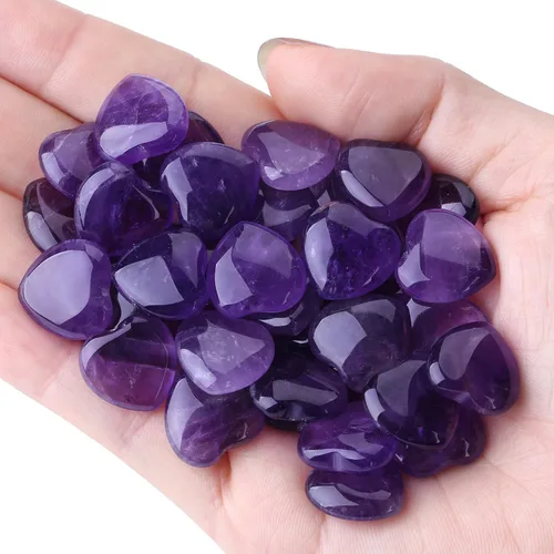 Vista 3 de 20 piezas de cristales de amatista, piedras curativas en forma de corazón, cristal pulido, morado natural, lindo bolsillo pulgar, reiki, juego al
