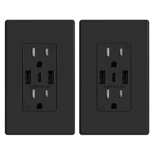 Vista 16 de ELEGRP Tomacorrientes de pared USB, Receptáculos de tomacorrientes de pared USB C de 3 puertos, tomacorrientes negro mate de 15 amperios con 3