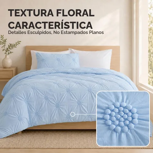 Vista 2 de Swift Home, juego de edredón tamaño individual y individual XL, azul bebé, juego de ropa de cama con pinzas florales 3D arrugadas - 2 piezas de ropa