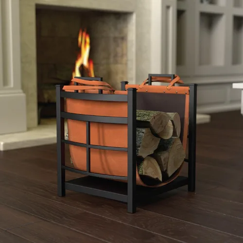 Vista 7 de Panacea Products 15245 cesto para troncos modelo Mission con soporte de piel para chimenea.