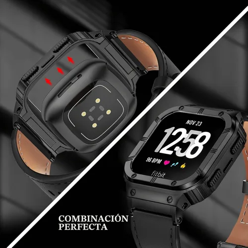 Vista 4 de BAITEYOU Correas de cuero con funda de acero inoxidable compatible con Fitbit Versa 1 2 3 4 Lite Sense 2 1 funda protectora para hombres