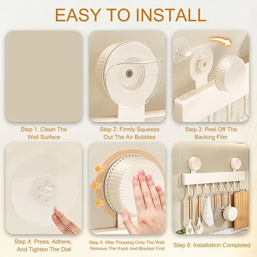 Vista 5 de Ganchos de pared de cocina con 8 ganchos – Soporte organizador de utensilios de cocina montado en la pared para colgar ollas, sartenes, toallas
