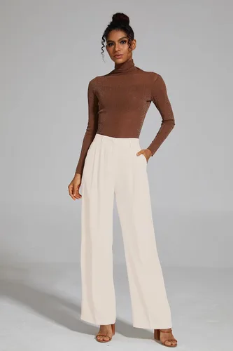 Vista 5 de FUNYYZO Pantalones de pierna ancha para mujer, cintura alta elástica en la espalda, pantalones de trabajo de negocios, pantalones largos y rectos