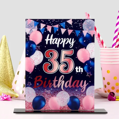 Vista 248 de LINGTEER Decoraciones de feliz cumpleaños número 11, 2 piezas de soporte de acrílico con impresión de pie rosa y azul, tablero de telón de fondo