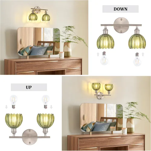 Vista 151 de Shenmoyl Lámparas de baño, lámpara de pared de 2 luces para tocador sobre espejo con pantalla de vidrio tulipán blanco para dormitorio, sala