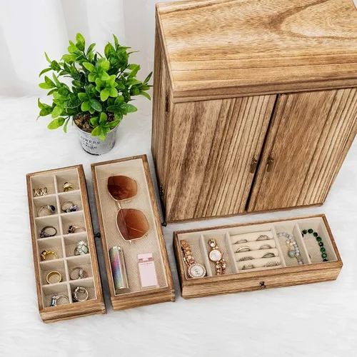 Vista 5 de Caja organizadora de aretes cajas de joyería grandes para mujer gran almacenamiento de joyería exhibidor para collar aretes anillos pulsera caja