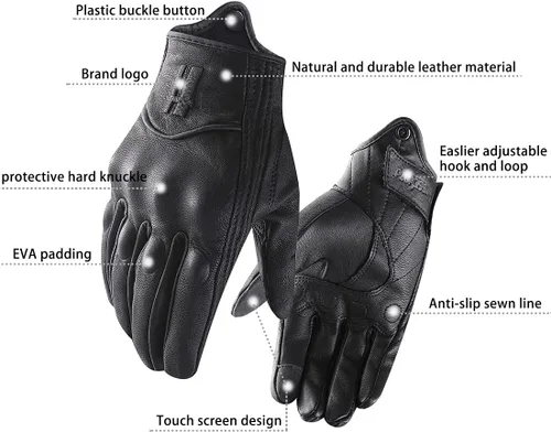 Vista 3 de Harssidanzar Guantes de cuero de motocicleta para hombre pantalla táctil GM028 Negro (actualización)