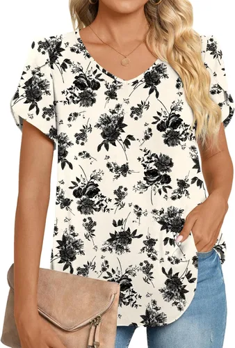 Vista 2 de HOTGIFT - Blusas de verano con volantes de gasa de manga corta para mujeres, camisetas sueltas y cómodas