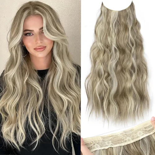 Vista 92 de KooKaStyle - Extensiones de cabello con hilo invisible, diadema transparente, ajustables, 4 clips fijadores, cabello largo y ondulado de 12