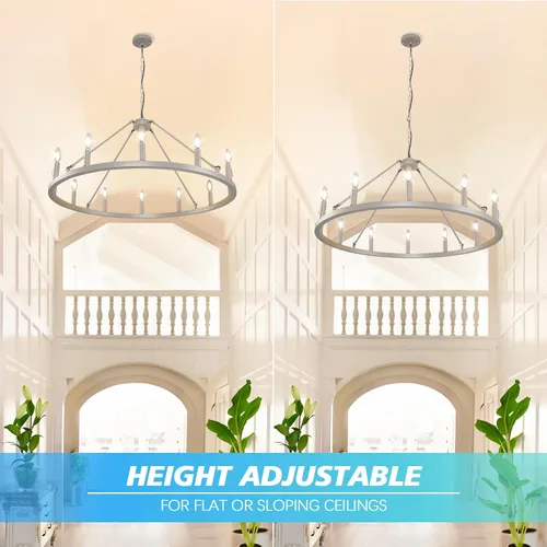 Vista 6 de Candelabro de 12 luces de plata con rueda de vagón, candelabros de granja para comedor, lámpara de iluminación rústica para entrada, candelabros