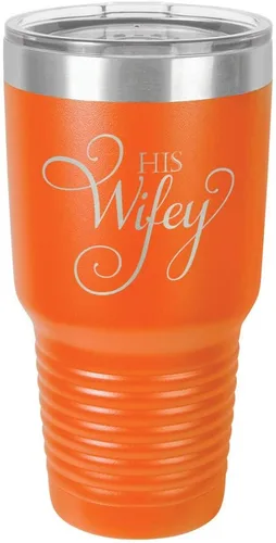 Vista 14 de Taza de viaje de acero con recubrimiento de polvo grabado con láser, con grabado «HIS WIFEY» de 325 ml, sin BPA, para mantener tu bebida fría