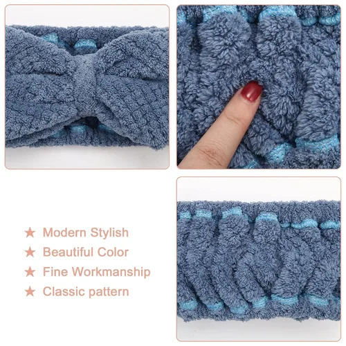 Vista 4 de Paquete de 3 diademas de microfibra con lazo para mujer, maquillaje, cuidado de la piel, diademas para lavar la cara (blanco, rosa, azul marino)
