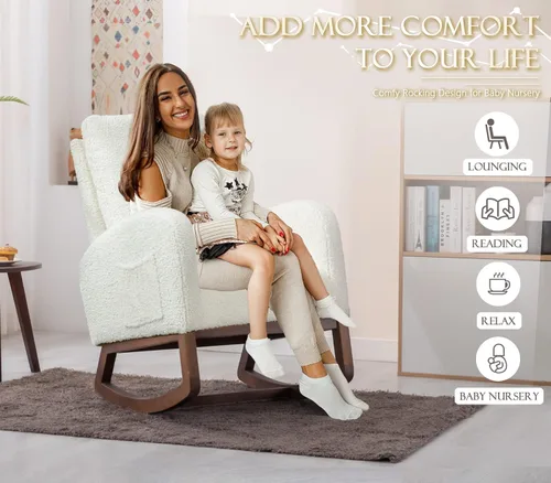 Vista 6 de Comfy - Silla mecedora tapizada para guardería o relajación, sillón de sala de estar con respaldo alto, mecedora moderna con bolsillo lateral