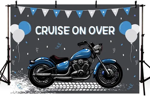 Vista 2 de MEHOFOND Telón de fondo de cumpleaños de motocicleta para niños, decoración de globos azules y blancos de carreras geniales para deportes extremos