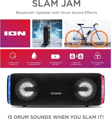 Vista 8 de ION Audio Slam Jam-IPX7 - Altavoz Bluetooth impermeable con micrófono, batería recargable, 15 sonidos de batería, entrada auxiliar y puerto de carga