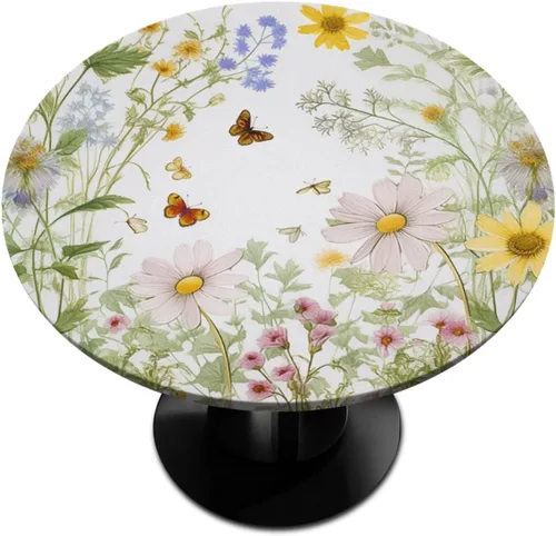 Vista 35 de Pardick Mantel redondo ajustado con borde elástico, mantel de mesa redonda con diseño de hojas abstractas y coloridas, impermeable y lavable, ideal