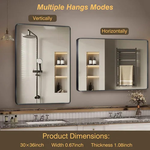 Vista 5 de Espejos con marco negro para baño, espejo rectangular de 55 x 30 pulgadas con esquinas redondeadas para pared, espejo de tocador negro mate