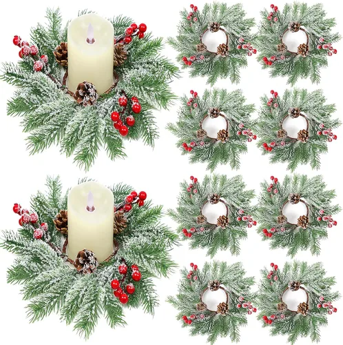 Vista 7 de Anillos de vela de Navidad – Juego de 12 anillos de vela artificiales de bayas rojas y piñas de 10 pulgadas, coronas de velas de Navidad