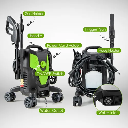 Vista 8 de Goplus Lavadora a presión eléctrica, 2400 PSI 1.7 GPM Lavadora de alta presión con 4 boquillas rápidas y ruedas universales, lavadora a presión