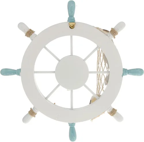 Vista 4 de Rienar Timón de barco náutico de madera para la playa con red de pesca y concha de pescado para decoración de pared en el hogar (27.9 cm de diámetro)