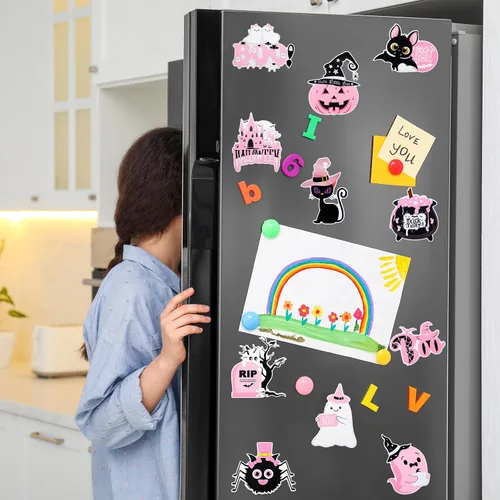 Vista 7 de Whaline 12 imanes rosados de Halloween para refrigerador, calabaza, fantasma, araña, murciélago, nevera, truco, golosina, calcomanías magnéticas