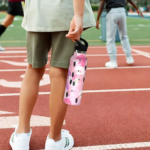 Vista 5 de Cartoon Cute Flamingo Pink Lightweight Insulated Water Bottle with Leak Proof Spout Lid Double Wall Vacuum Insulated Bottles for Sports, Travel, and