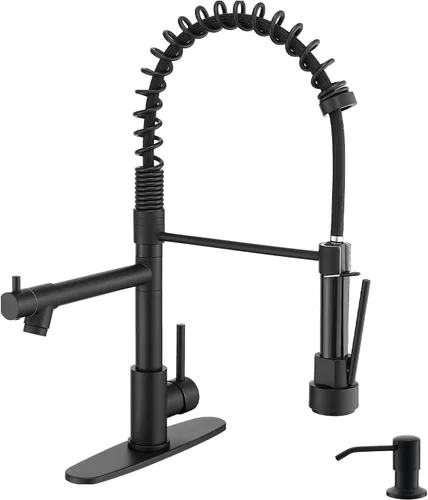 Vista 23 de AIMADI - Grifo de cocina, grifo de cocina negro y dorado con rociador, grifo de cocina estilo comercial de una sola manija, color negro mate, con un