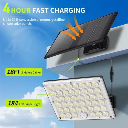 Vista 3 de Pack de 2 luces solares con 184 LED para exteriores, con sensor de movimiento, luces solares de pared impermeables al aire libre con 3 modos