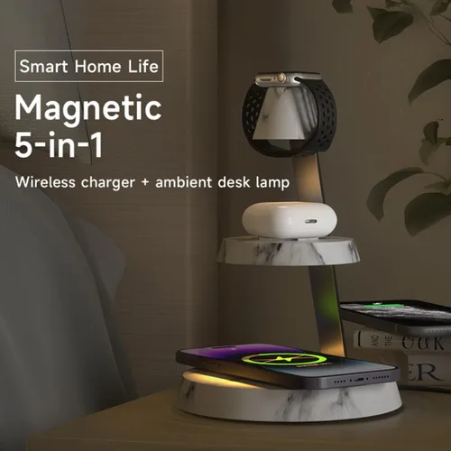 Vista 2 de Cargador inalámbrico magnético 3 en 1 torre vertical de doble capa luz nocturna de alta potencia conveniente compatible con teléfonos