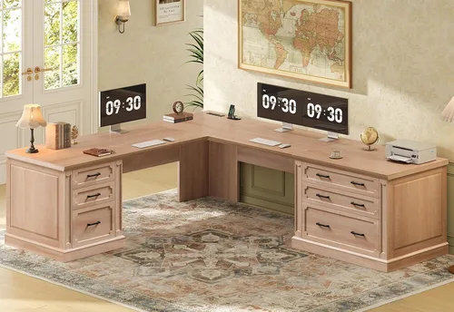 Vista 20 de SEDETA Escritorio ejecutivo en forma de L de granja de 67 pulgadas con Negro+marrón