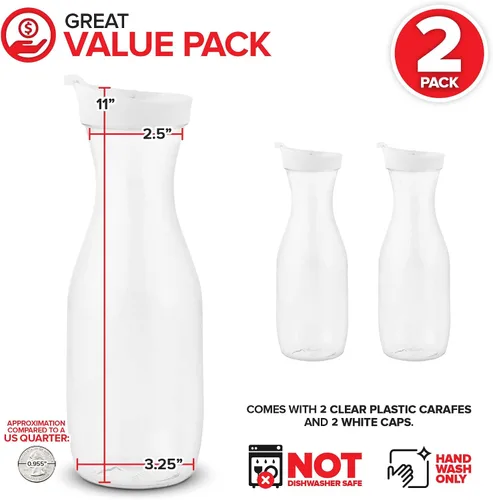 Vista 2 de Jarra de jugo de plástico con tapas (juego de 2) jarras de 32 onzas para barra de mimosa, jarra de bebidas con tapa, botella de agua, recipiente