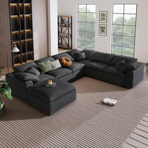 Vista 17 de Sofá modular de gran tamaño con otomana, lujoso juego de sofá modular en forma de L, sofá modular reversible de 7 plazas para sala de estar y beige