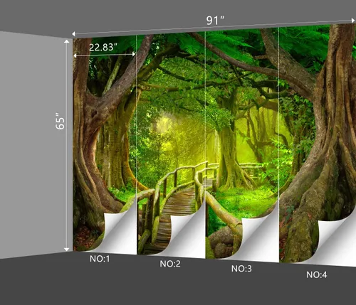Vista 4 de Hermoso papel pintado de naturaleza verde con bosque grande, árbol gigante, paisajes de la jungla, murales de escenas de dormitorio, decoración