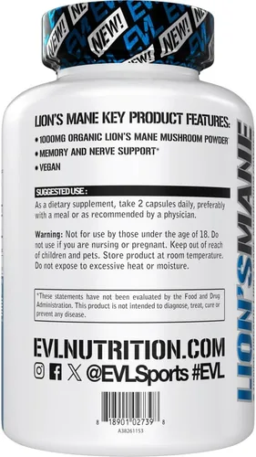 Vista 3 de EVL Organic Lions Mane - Cápsulas de suplemento de hongos - Vegano - 30