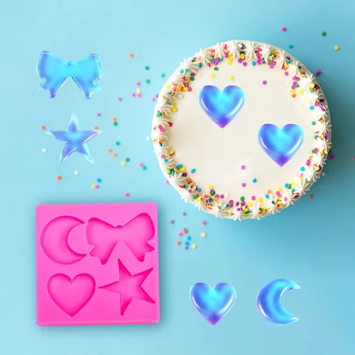 Vista 5 de Molde de silicona para chocolate, dulces y pasteles, forma de corazón, luna, estrella, lazo, grado alimenticio, reutilizable, resistente a altas