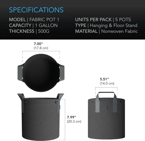 Vista 6 de AC Infinity - Macetas de tela resistente de 1 galones para cultivo de aireación, 5 unidades con tela no tejida gruesa de 17.64 oz (500 G) y anillos