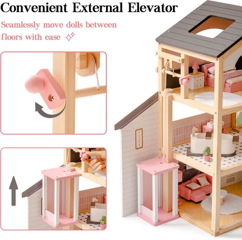 Vista 3 de ROBOTIME Casa de muñecas de madera, casa de muñecas con juego de muebles de 29 piezas, piscina y ascensor, casa de muñecas de madera para muñecas