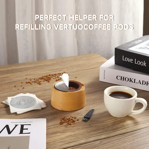 Vista 4 de Kit de 120 sellos de papel de aluminio compatibles con cápsulas Nes-presso Ver-tuoline reutilizables Ver-tuo Nes-presso con soporte de madera