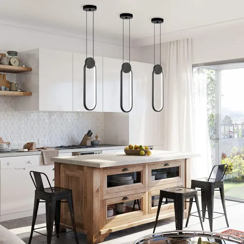 Vista 6 de Lámparas colgantes LED negras modernas, paquete de 2 unidades, diseño minimalista, iluminación colgante ovalada para isla de cocina, luz colgante