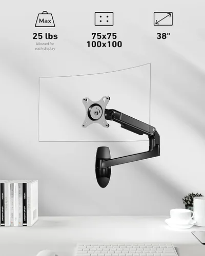 Vista 2 de Ergounion Soporte de pared para monitor para pantallas planas o curvas de hasta 38" dentro de 25 libras, soporte de pared con brazo ajustable