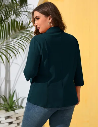 Vista 5 de ShopWonder Blazer casual con bolsillos para mujer, talla grande, para oficina, frente abierto, manga 34, cárdigans, chaqueta de trabajo