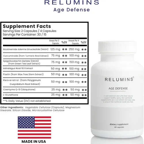 Vista 7 de Relumins Suplemento Age Defense NAD+ con NADH, CoQ10, glutatión, resveratrol, fisetina, curcumina y EGCG - Suplemento de apoyo antioxidante - 60