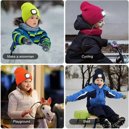 Vista 6 de Gorro LED para Niños, Unisex Gorro con Linterna Frontal Recargable de Invierno con Luz Nocturna, Regalos para Niños y Niñas Naranja
