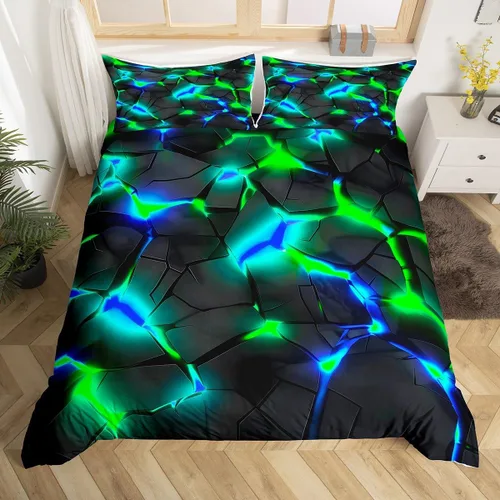 Vista 18 de Juego de ropa de cama geométrica de panal verde y azul, funda de edredón hexagonal estereoscópica para niños y niñas, funda de edredón hexagonal