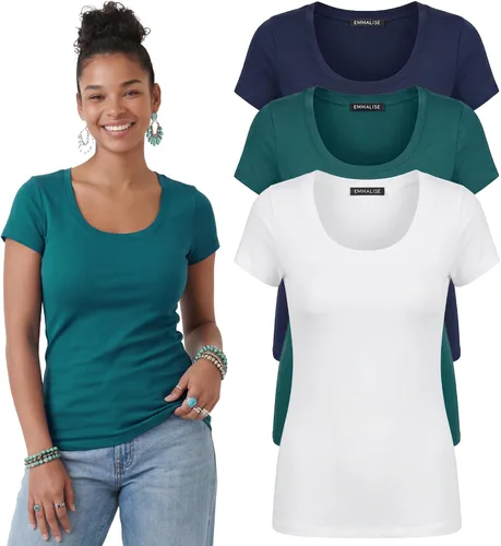 Vista 25 de Emmalise - Camiseta de manga corta para mujer, cuello redondo, estilo básico, pack de valor, tallas junior y grandes