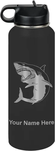 Vista 20 de LaserGram Botella de agua personalizada, gran tiburón blanco, acero inoxidable de doble pared aislada al vacío con popote superior, regalo grabado