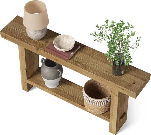 Vista 9 de Mesa consola de madera maciza de 63 pulgadas, mesa de entrada estrecha con estante de almacenamiento de 2 niveles, para pasillo, entrada, sala