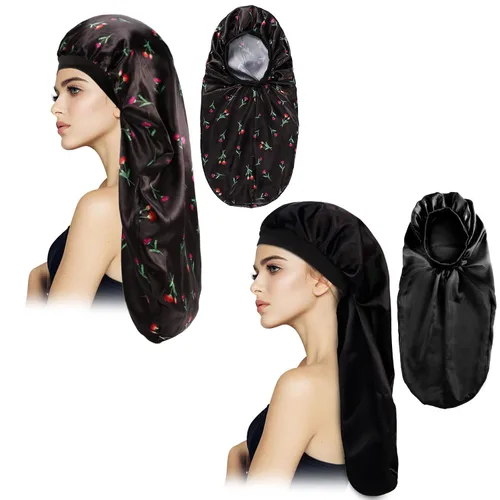 Vista 3 de 2 gorros largos de satén para dormir, gorro de trenzas extra grandes para dormir, cabello largo, gorro de banda elástica suave y cómodo para mujer