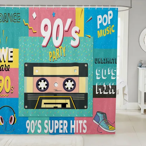 Vista 10 de Cortina de ducha retro de los años 90 para niños, 72 pulgadas de ancho x 72 pulgadas de largo, cinta de cassette geométrica Memphis, cortina