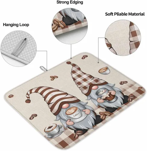 Vista 2 de Tapete de secado de platos de gnomos de café para encimera de cocina, granos de café retro a cuadros marrones, almohadilla de secado de microfibra